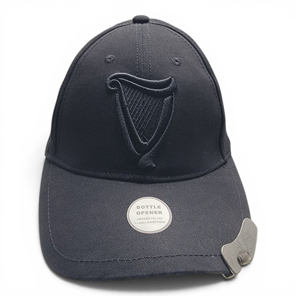 Official Guinness Embroidered Harp Hat Bottle Opener Black Strapback Cap New